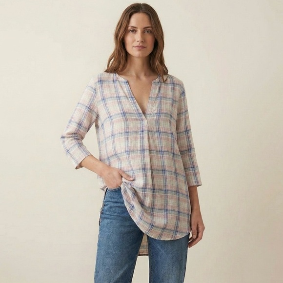 CP Shades Tops - CP Shades Pastel Plaid Linen Split Neck Long Tunic Top Size XS